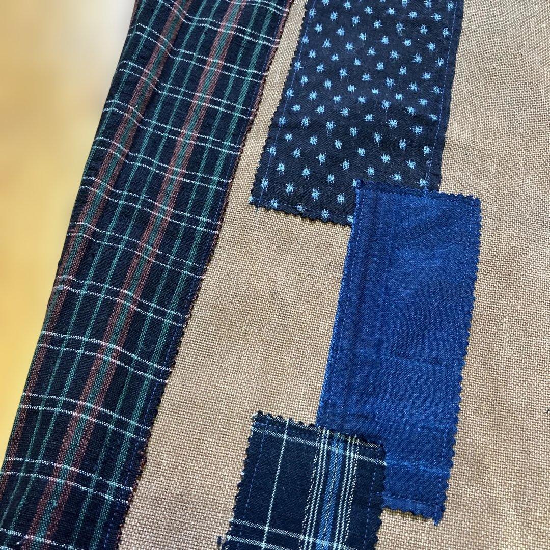 柿渋染め酒袋古布型染め雪ん子格子、縞木綿庄内刺し子ポケットリメイク前掛け男女兼用