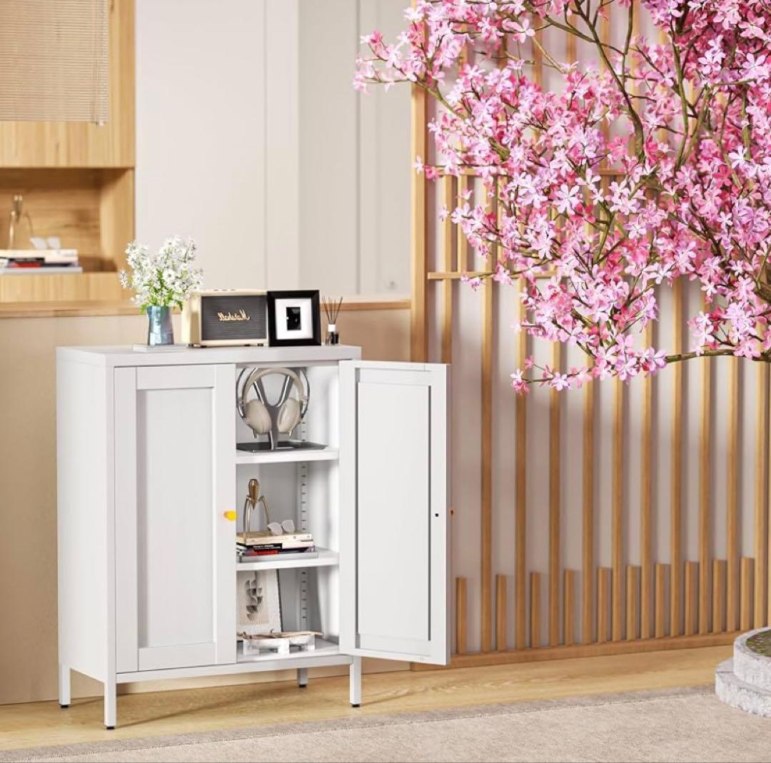 サイドボード 鋼製 キャビネット 扉付き リビング 収納 観音開き 調節可能