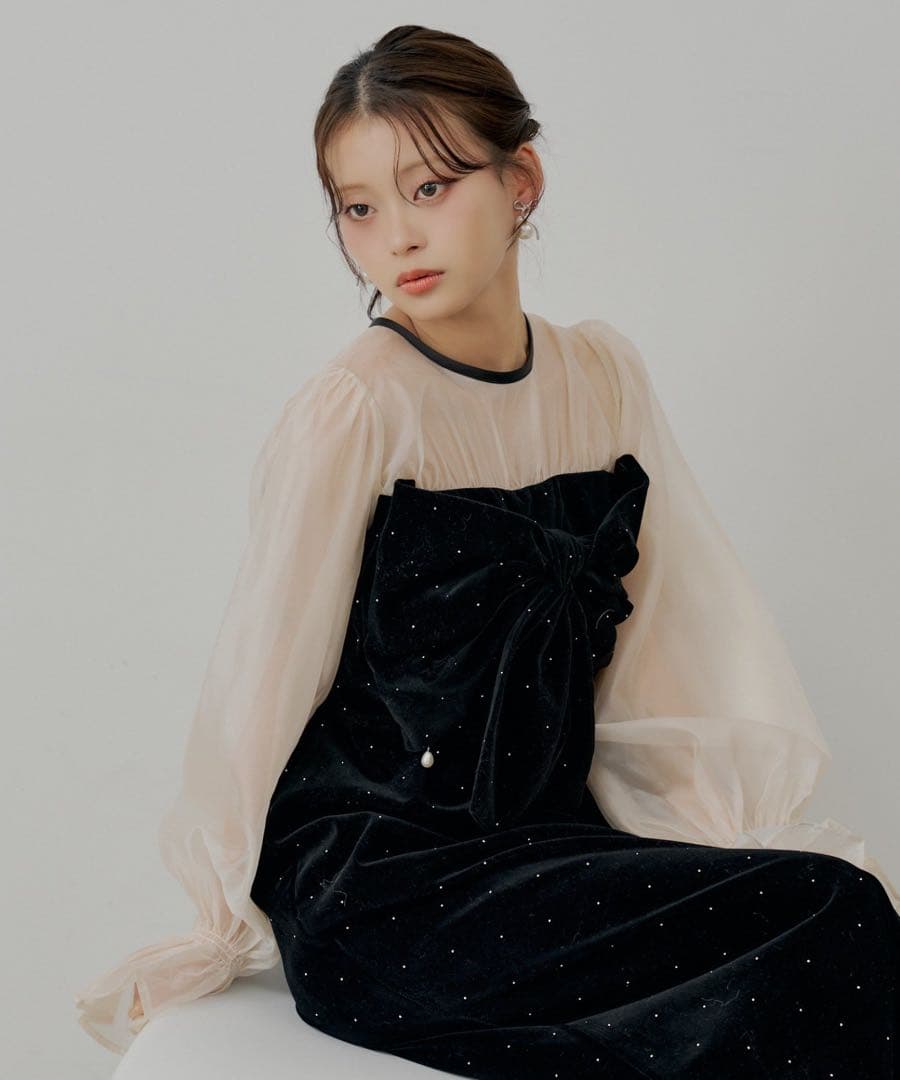 Chicoオケージョンドレス　配色シアーリボンベロアワンピース　ブラック系