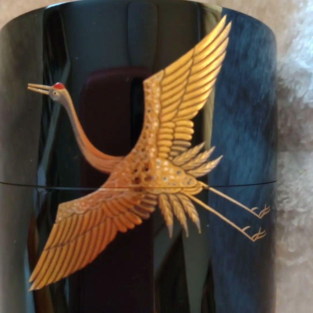 薄器　鶴蒔絵　中次　岩倉隆斎　山中塗　共箱　無傷