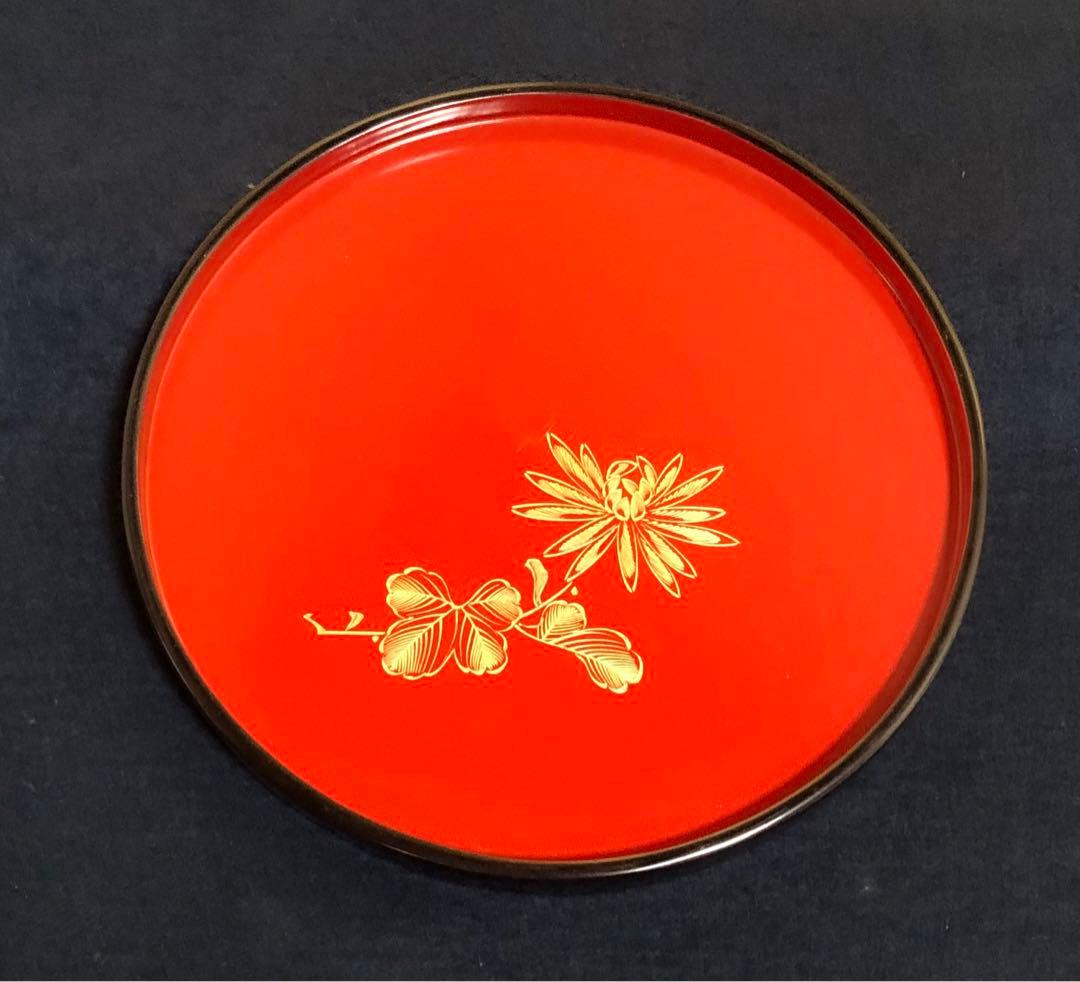《レ》黒内朱 沈金菊図 丸盆10客 木製漆器 251125え6