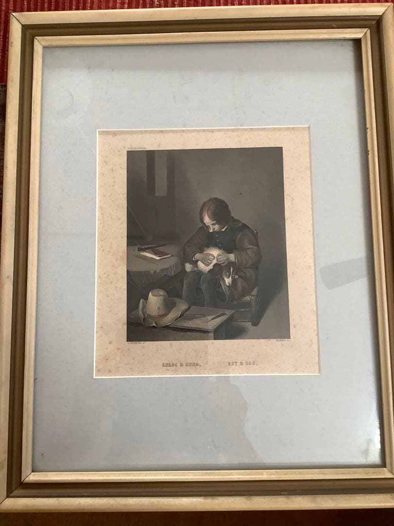 19世紀　版画　少年とハウンドドッグ