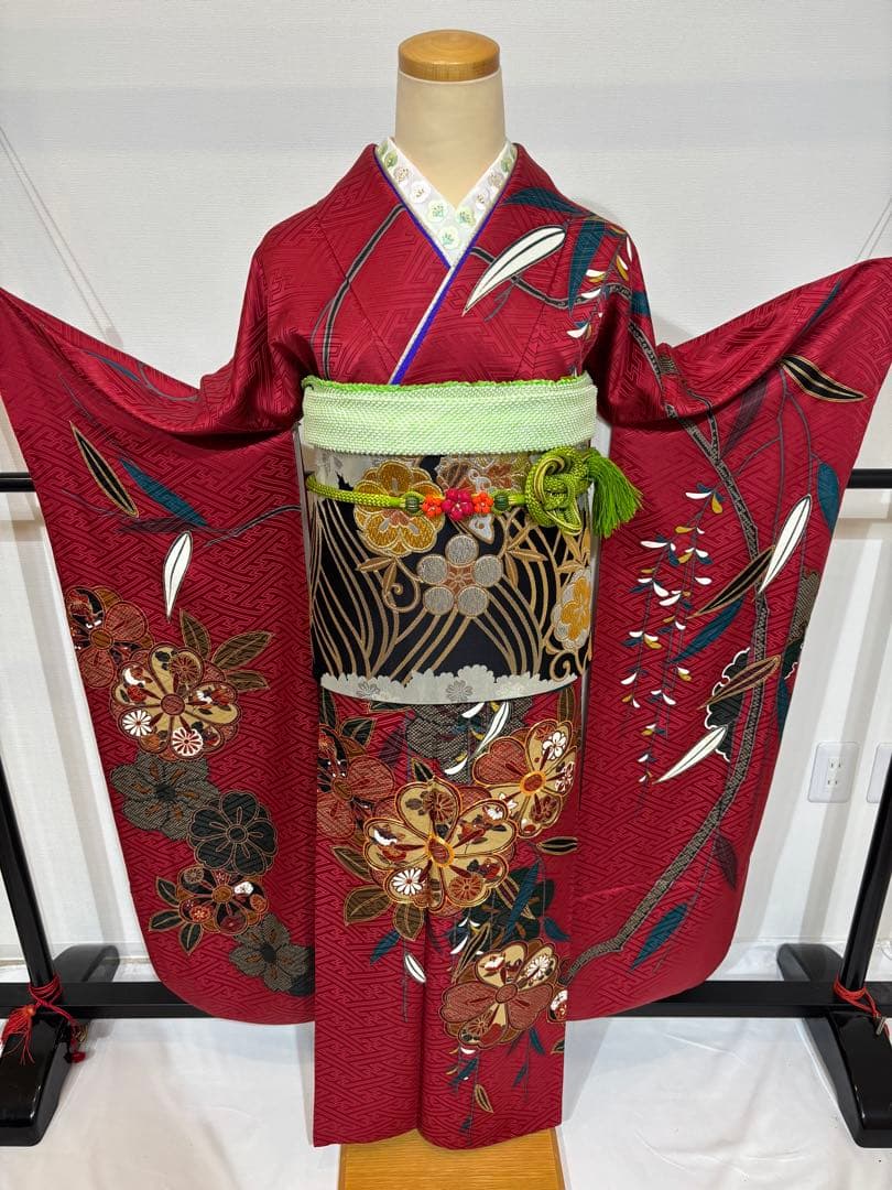 振袖フルセット　7点セット　赤　長襦袢付き　成人式　前撮り　f3