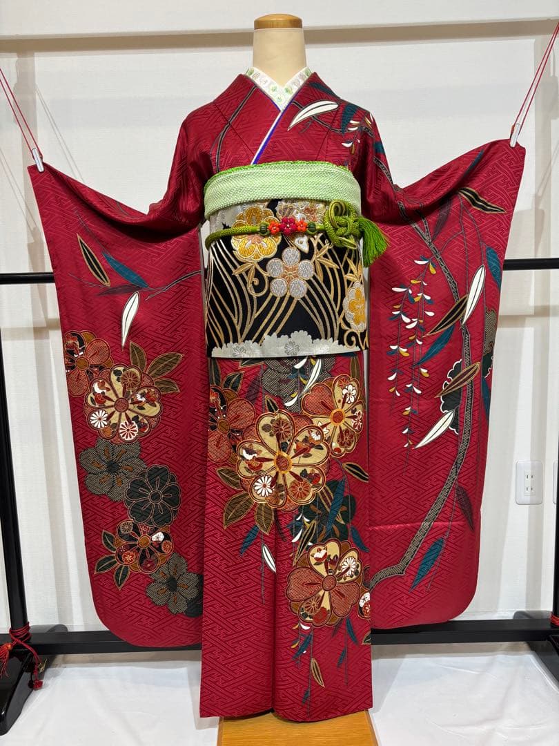 振袖フルセット　7点セット　赤　長襦袢付き　成人式　前撮り　f3