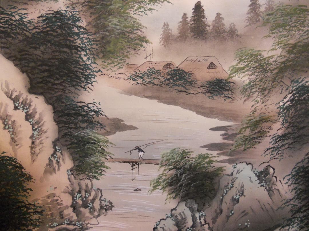 掛け軸 暁香 彩色山水之図 絹本 希少 軸装 茶道具 掛軸 美品 です。