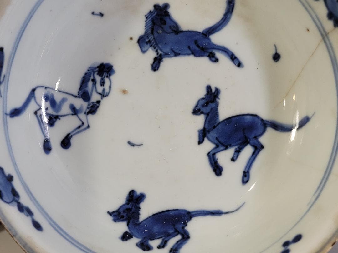 中国 古染付 水鳥 碗 馬絵 皿 二件 古美術 DT249