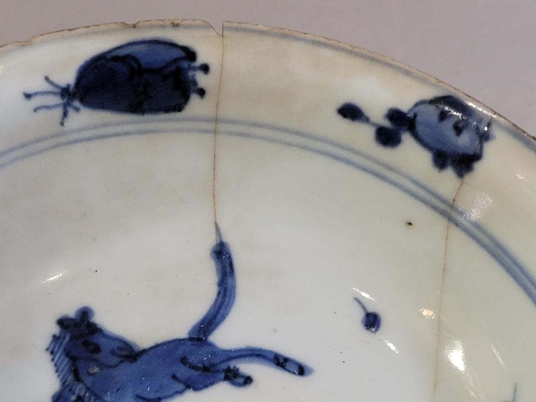 中国 古染付 水鳥 碗 馬絵 皿 二件 古美術 DT249