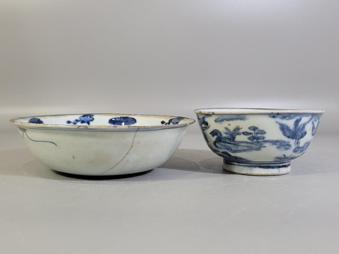 中国 古染付 水鳥 碗 馬絵 皿 二件 古美術 DT249