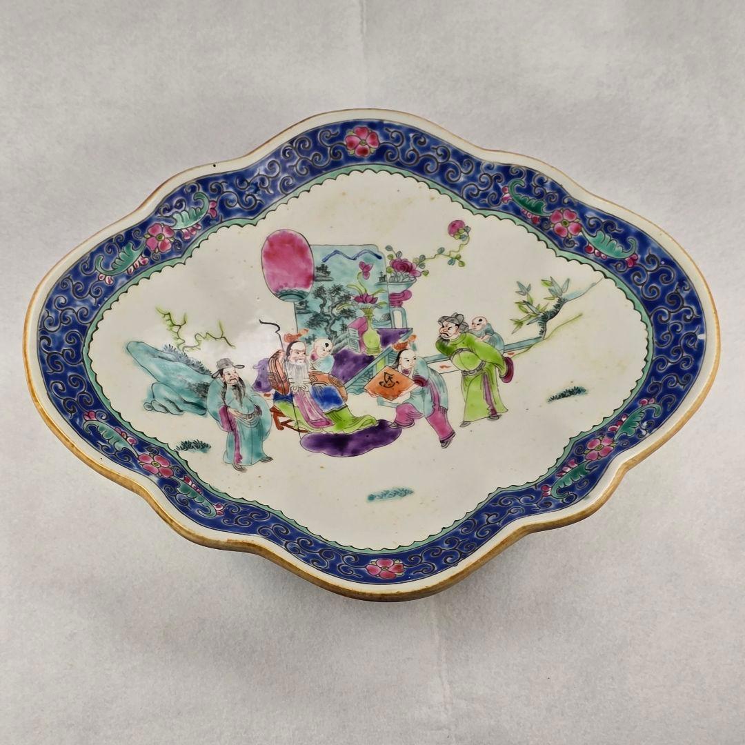 骨董 中国古磁 粉彩 手絵 絡枝花卉紋 三星送子図 如意大皿 清同治在銘 超美品