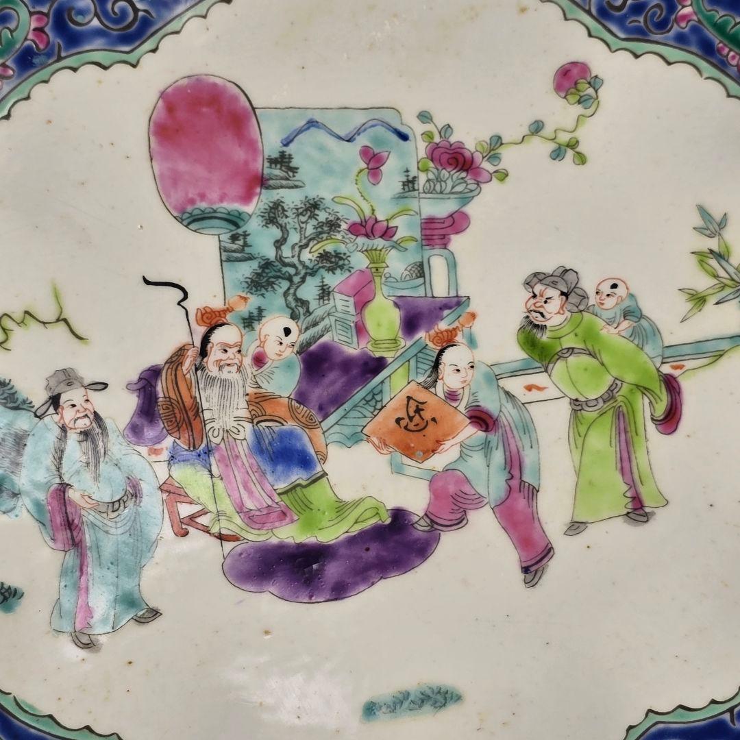 骨董 中国古磁 粉彩 手絵 絡枝花卉紋 三星送子図 如意大皿 清同治在銘 超美品