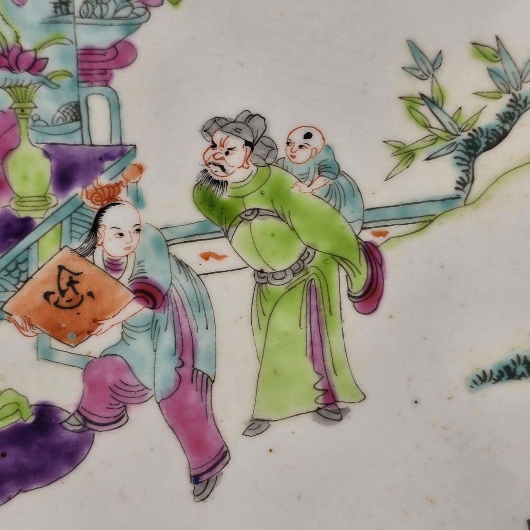 骨董 中国古磁 粉彩 手絵 絡枝花卉紋 三星送子図 如意大皿 清同治在銘 超美品