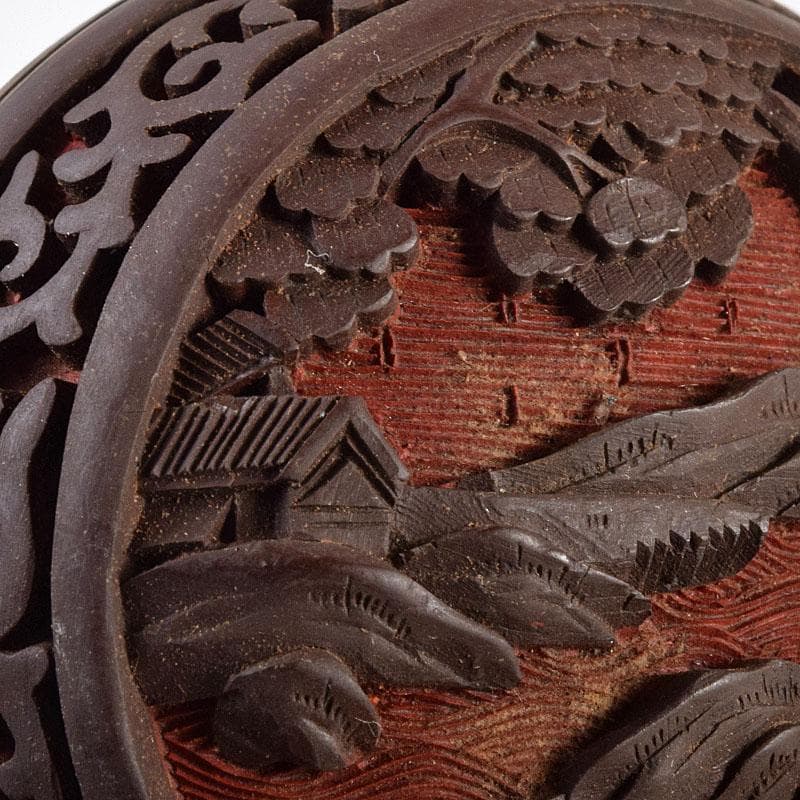 中国　堆朱　堆黒 　内七宝　山水人物文　香合　V　R9265