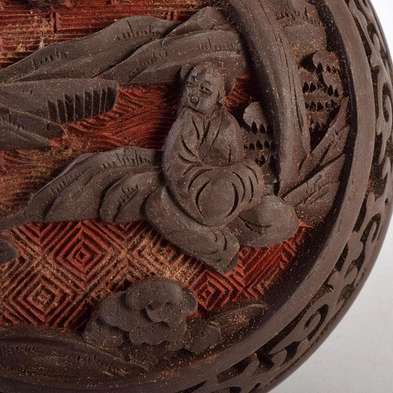 中国　堆朱　堆黒 　内七宝　山水人物文　香合　V　R9265