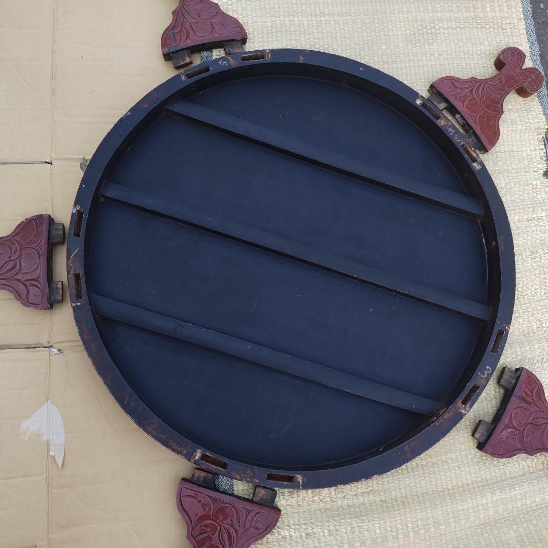 昭和レトロ 大正ロマン 朱色 花柄彫 木製座卓 ちゃぶ台 当時物