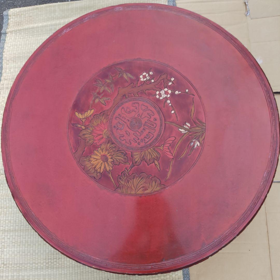 昭和レトロ 大正ロマン 朱色 花柄彫 木製座卓 ちゃぶ台 当時物