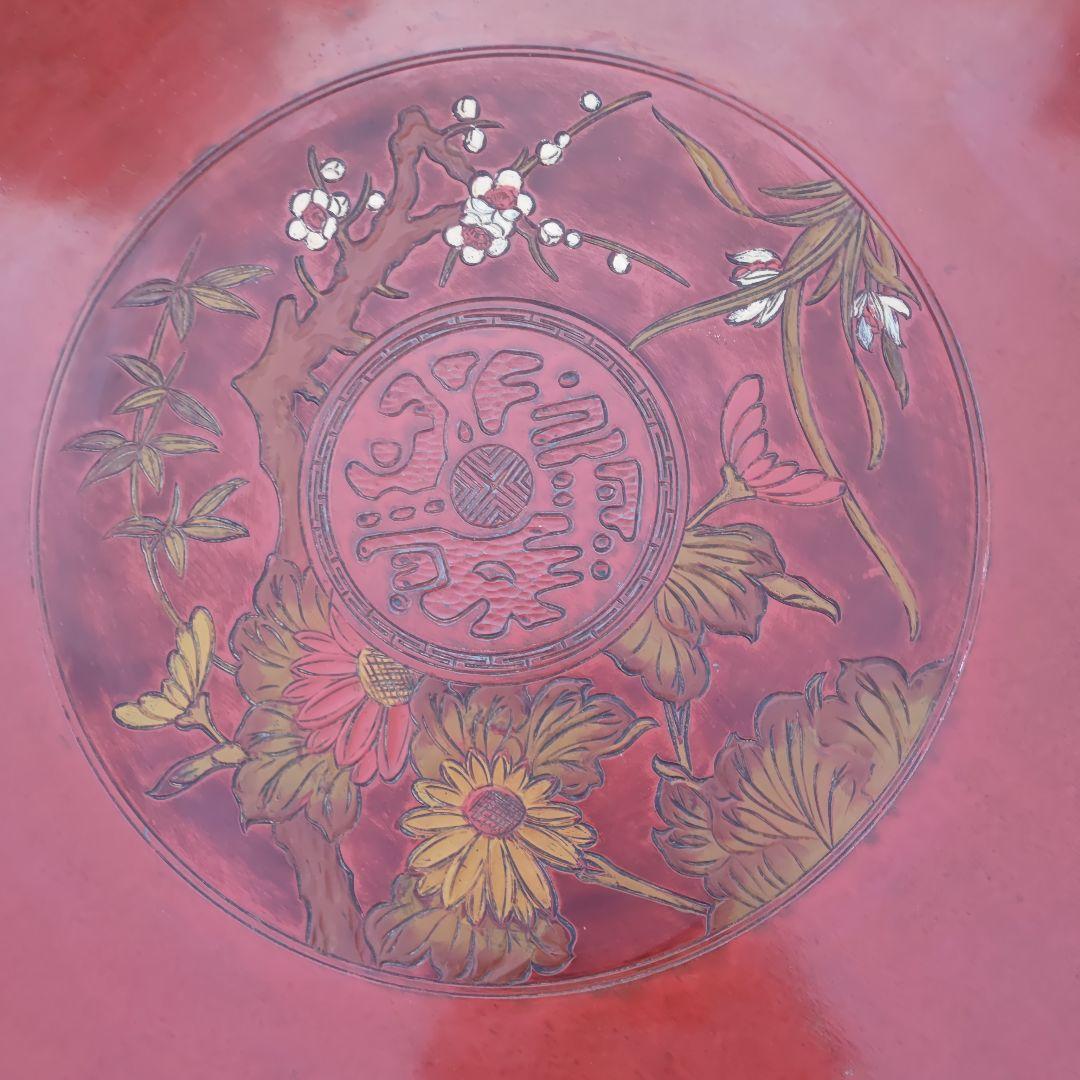 昭和レトロ 大正ロマン 朱色 花柄彫 木製座卓 ちゃぶ台 当時物