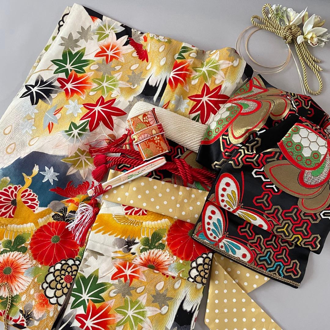 七五三 アンティークお着物セット 5.6歳さん向き　花柄・黒ブーツ　髪飾り付