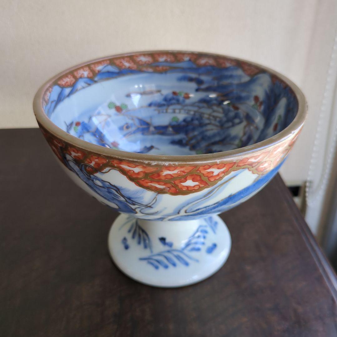 骨董 盃洗 伊万里 染め付け 器 たかつき 山水 龍の図 アンティーク 陶器