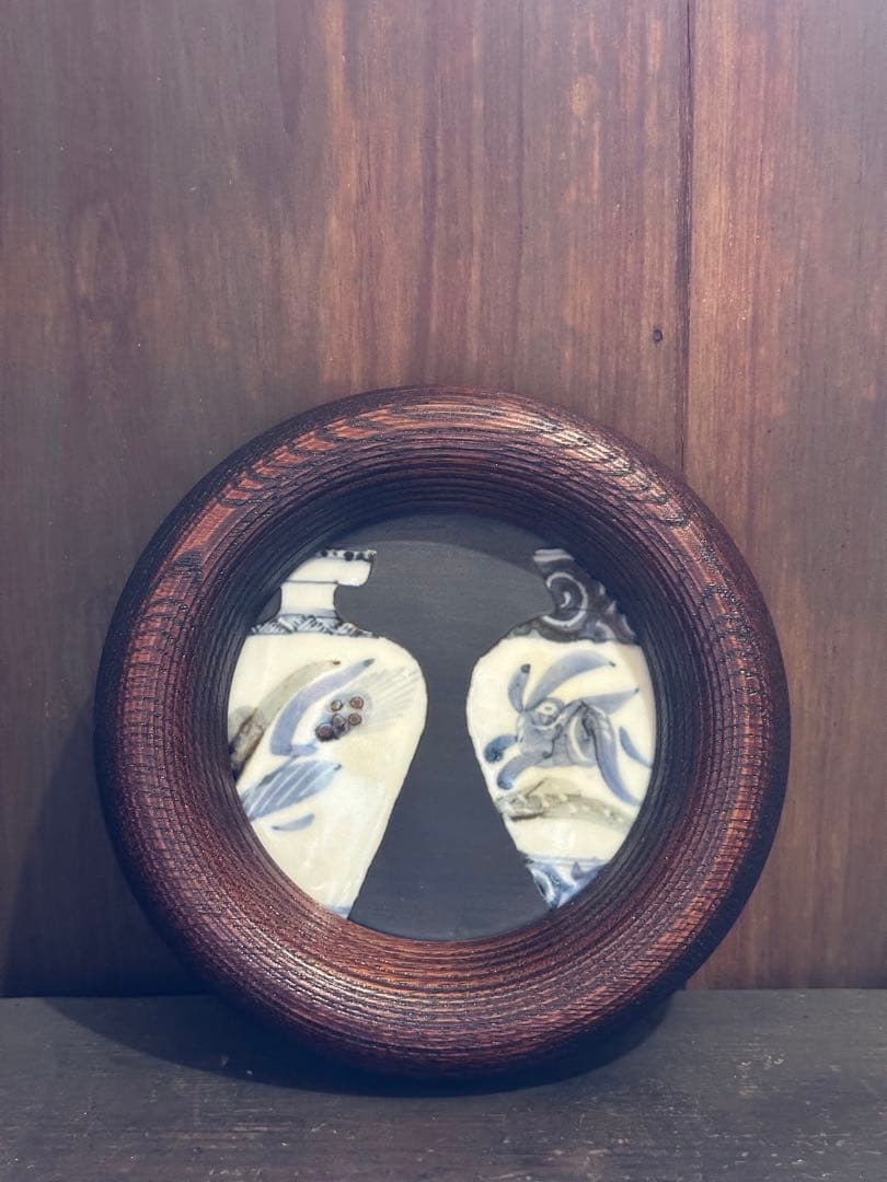 艸茅窯　川野恭和　木工額　民藝磁器　皿　染付