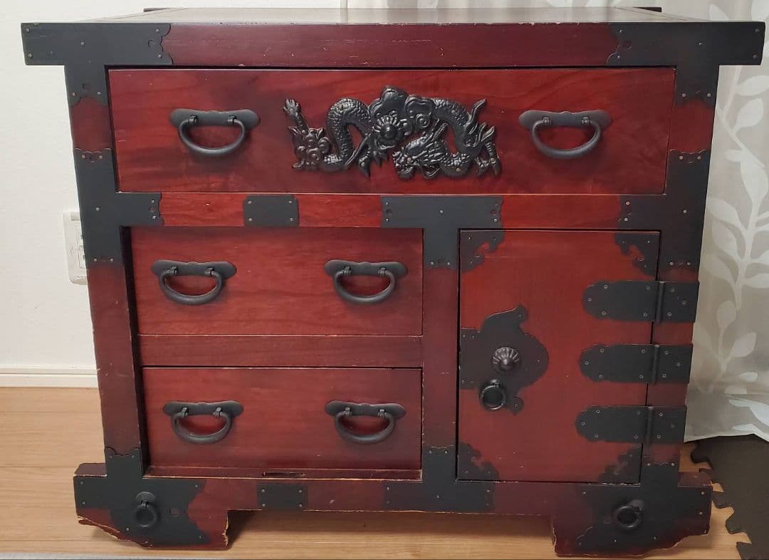 キャスター付き 箪笥 車箪笥 龍 雲龍金具 キャビネット レトロ