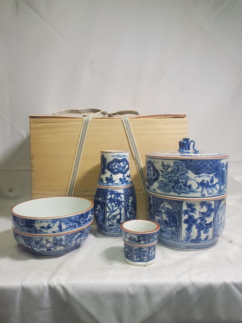 長期保管品　茶道具　皆具　手描き染付面取り　栄泉　共桐箱入　現状で