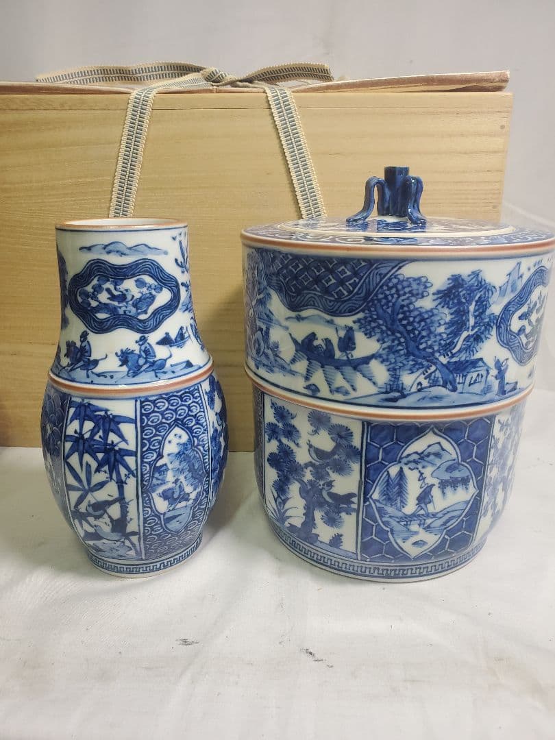 長期保管品　茶道具　皆具　手描き染付面取り　栄泉　共桐箱入　現状で