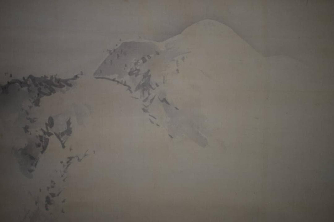 真作/里見雲嶺/山水梅花図/民家図/絹表装/布袋屋掛軸HI-955