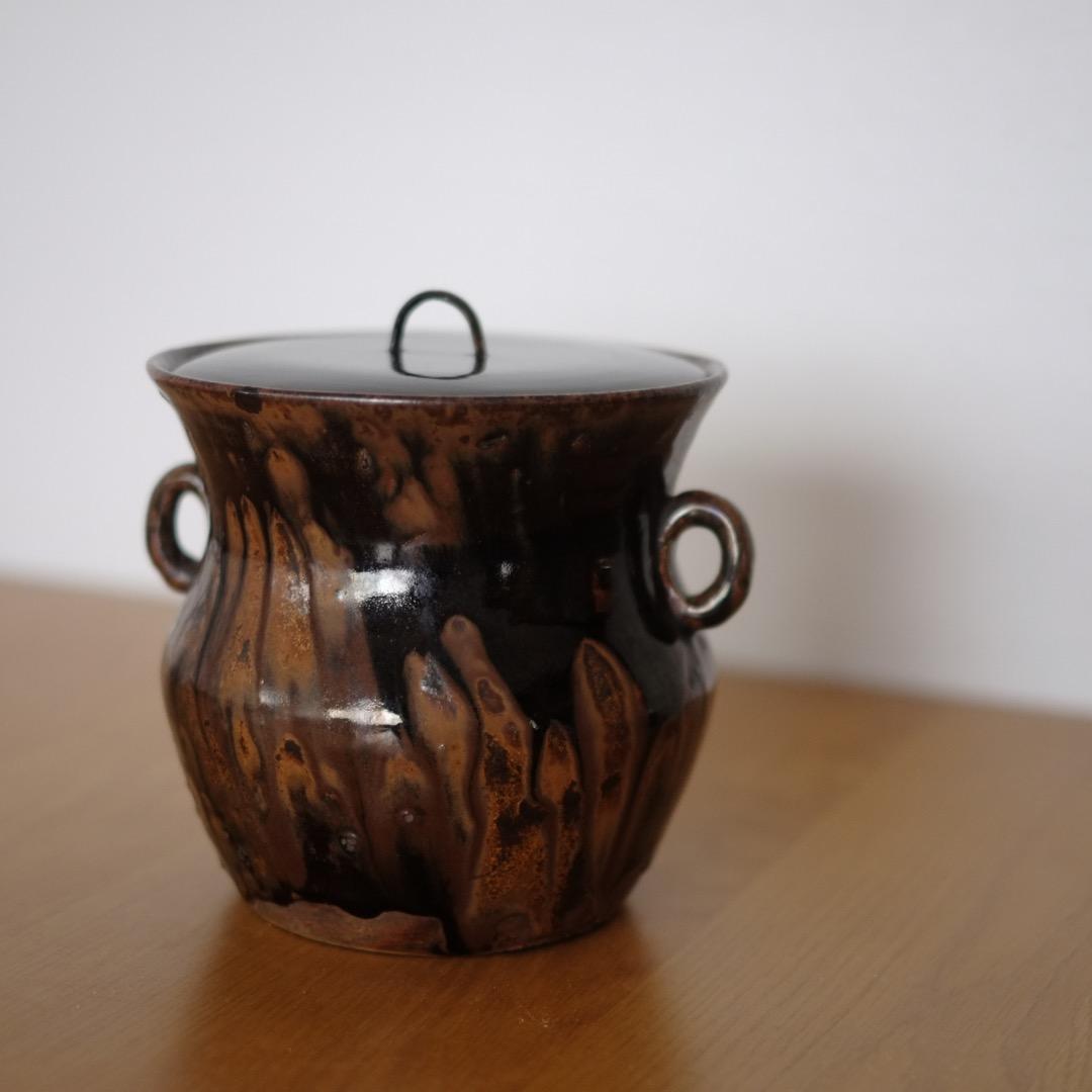 江戸時代　古瀬戸　双耳天目釉　水差　共箱付 索黒高麗李朝古唐津茶道具茶道骨董