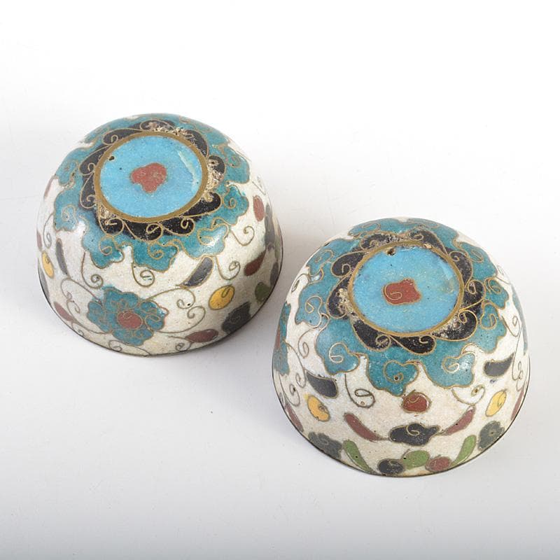 中国　唐物　古七宝内銀張　花草文　盃　一對　時代箱　M　6643