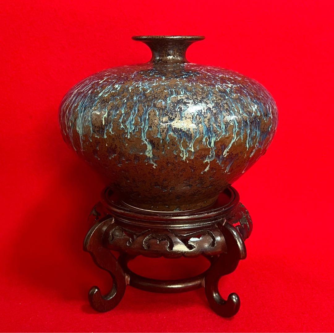 台灣 漢聲窯 林三江 丁丑年作 飾壺 花器 花入 陶器 台座付き