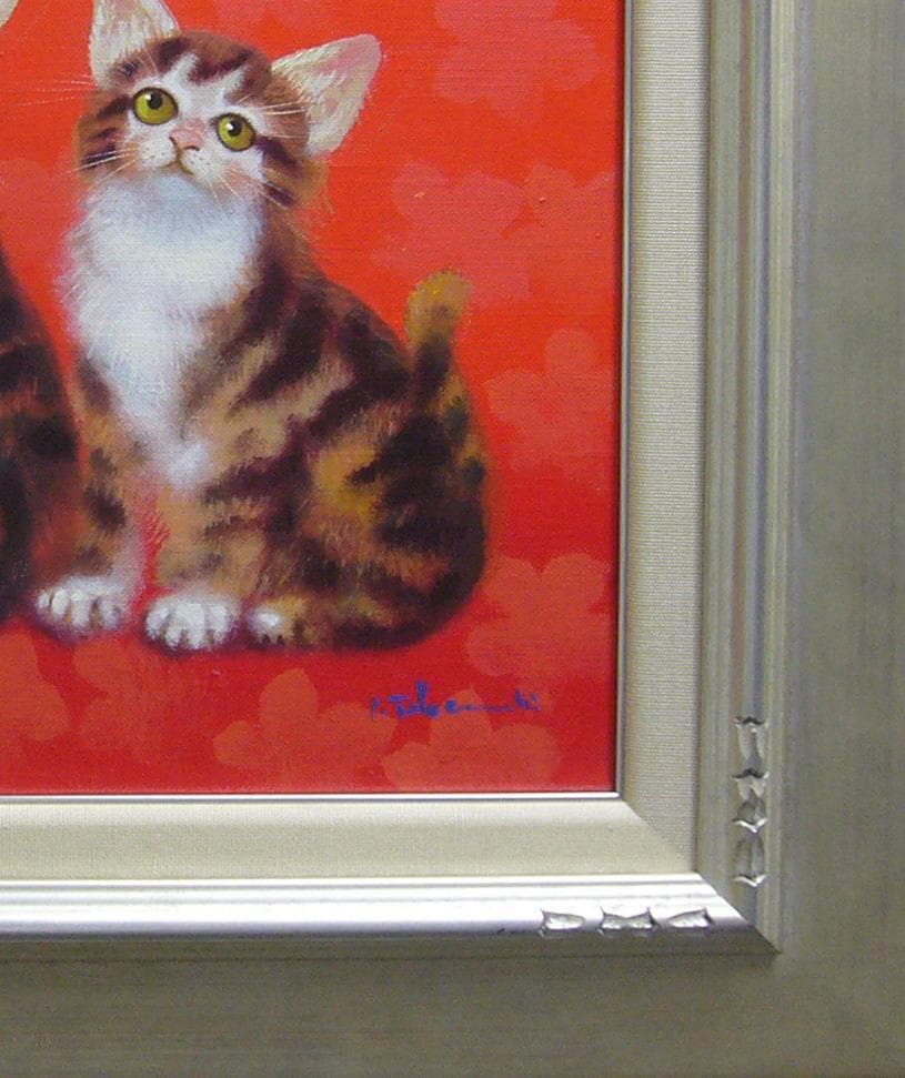 絵画 油絵 竹内敏彦 肉筆油絵 動物画 シャボン玉と猫