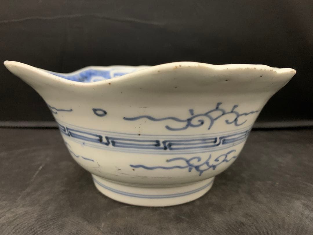 古伊万里　染付　波乗り千鳥　深鉢