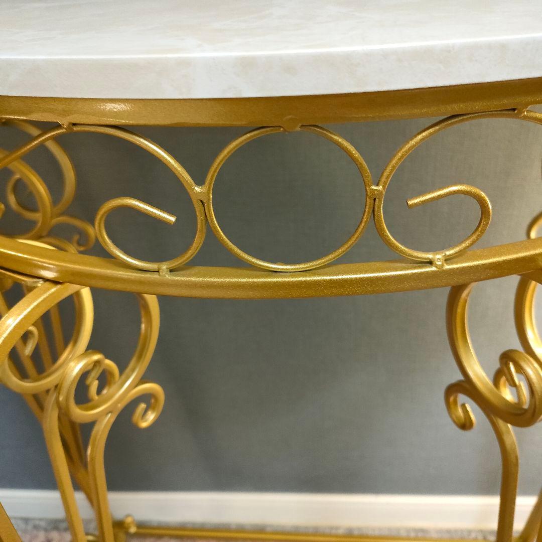 ゴールドアイアン×大理石風天板 コンソールテーブル アンティーク調 半円型