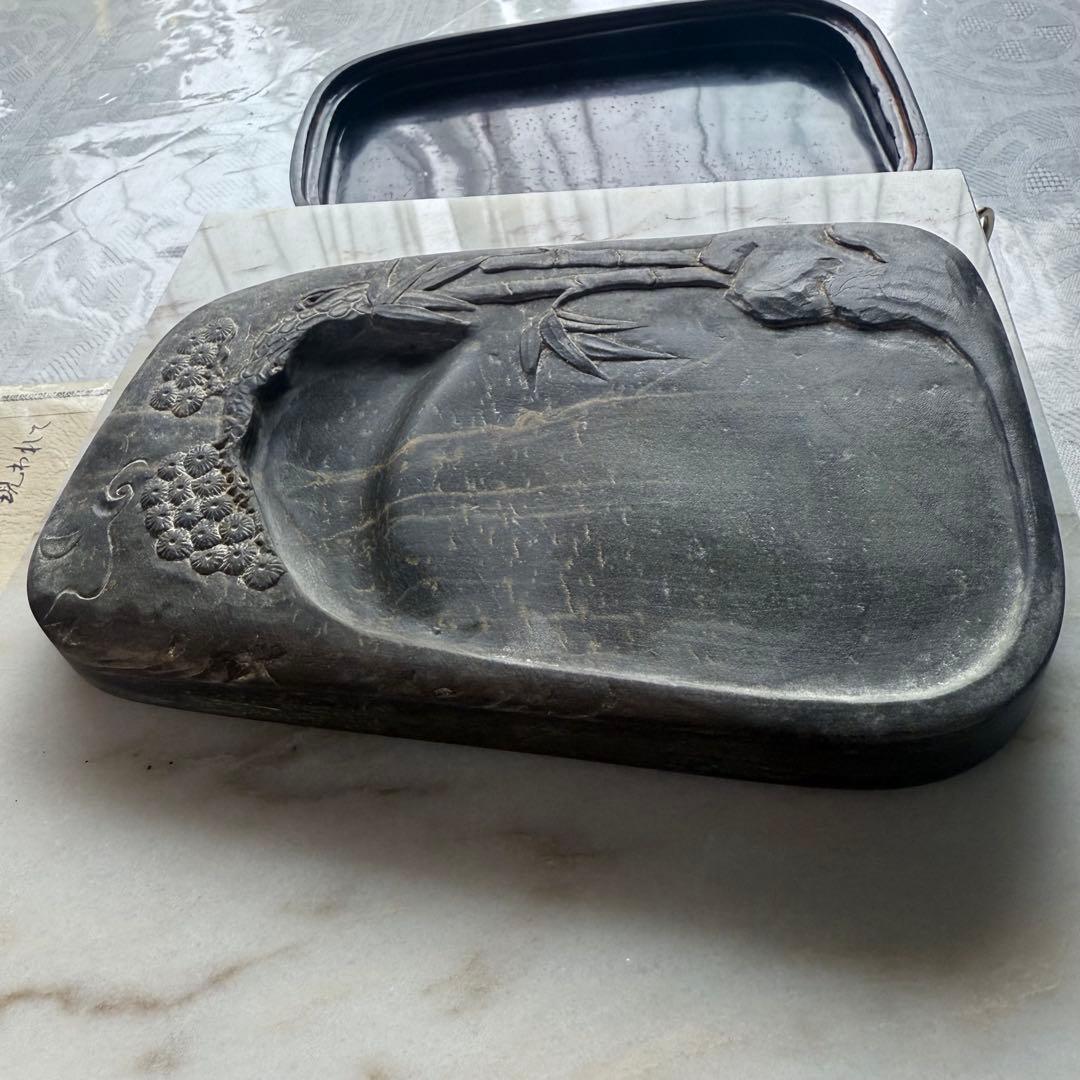 書きぞめに‼️旧家蔵出端渓硯『古松❌瀧　硯』」中國美術　唐木箱と蓋証明書付1点④