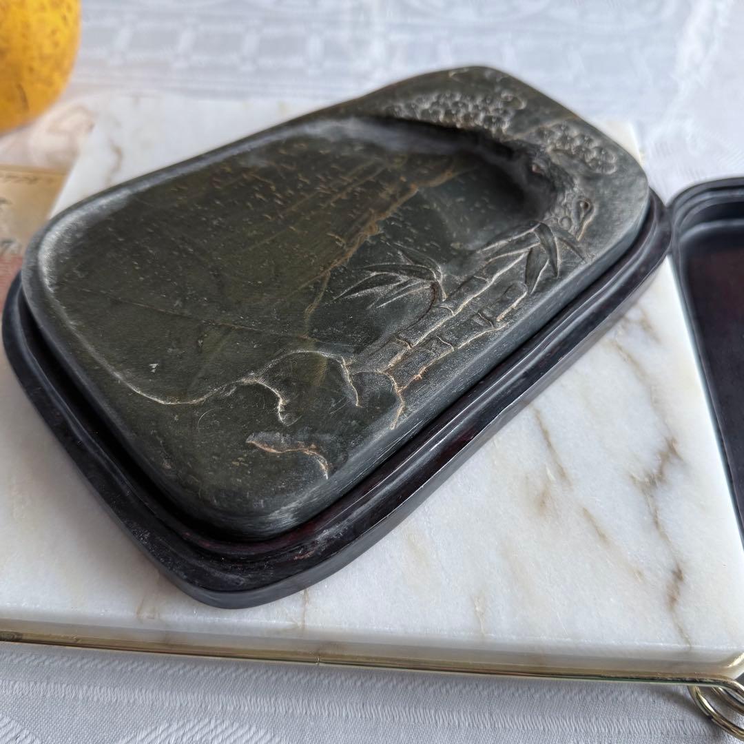 書きぞめに‼️旧家蔵出端渓硯『古松❌瀧　硯』」中國美術　唐木箱と蓋証明書付1点④