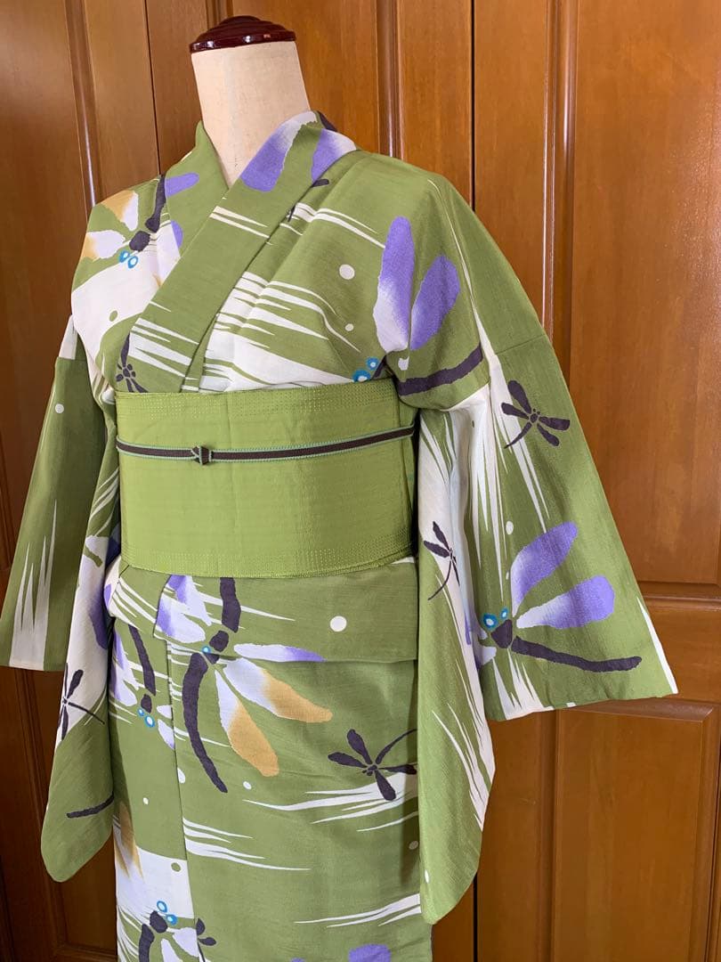 抹茶色にとんぼの柄の浴衣　夏着物と半幅帯真田紐　高級ポリエステル素材