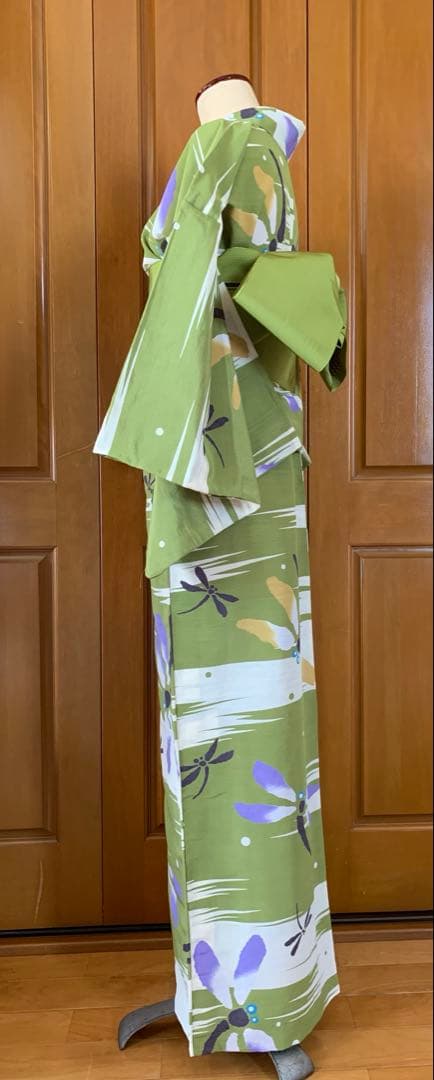 抹茶色にとんぼの柄の浴衣　夏着物と半幅帯真田紐　高級ポリエステル素材