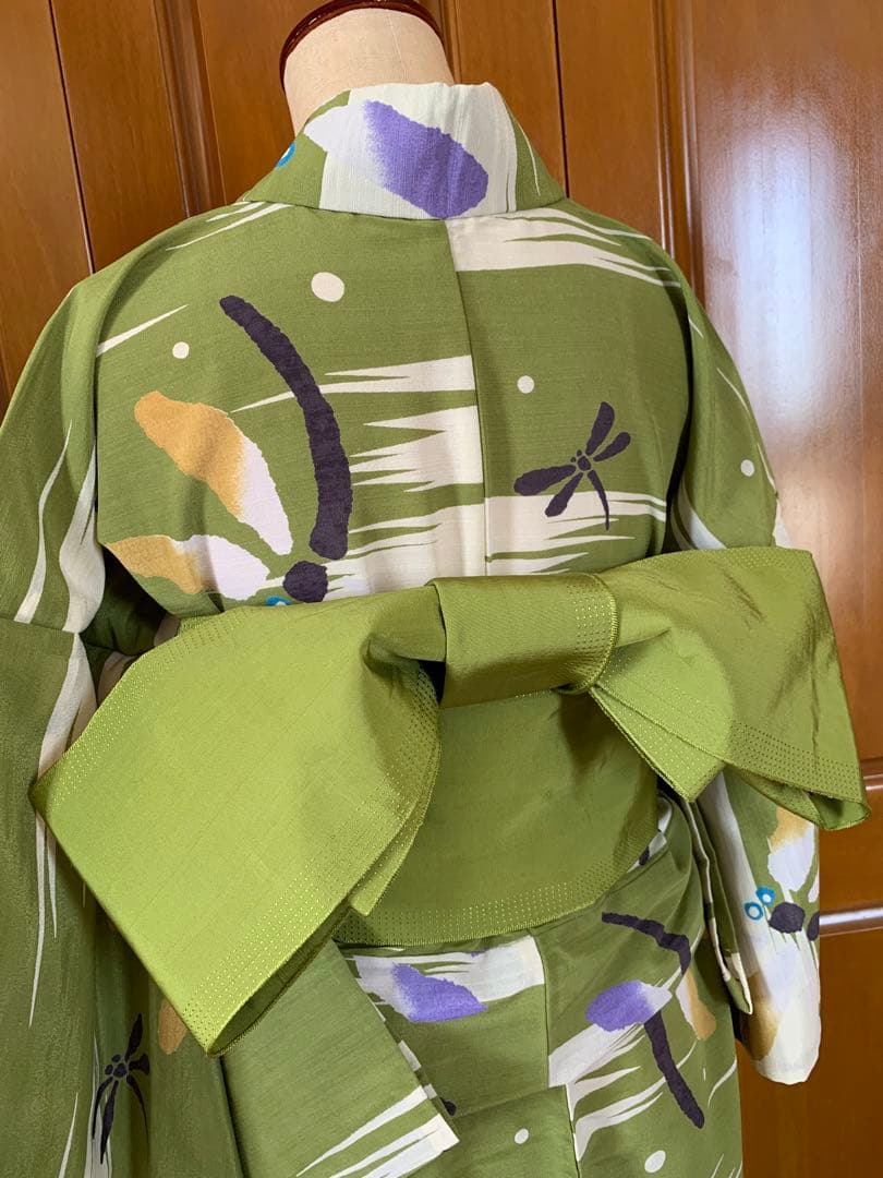 抹茶色にとんぼの柄の浴衣　夏着物と半幅帯真田紐　高級ポリエステル素材