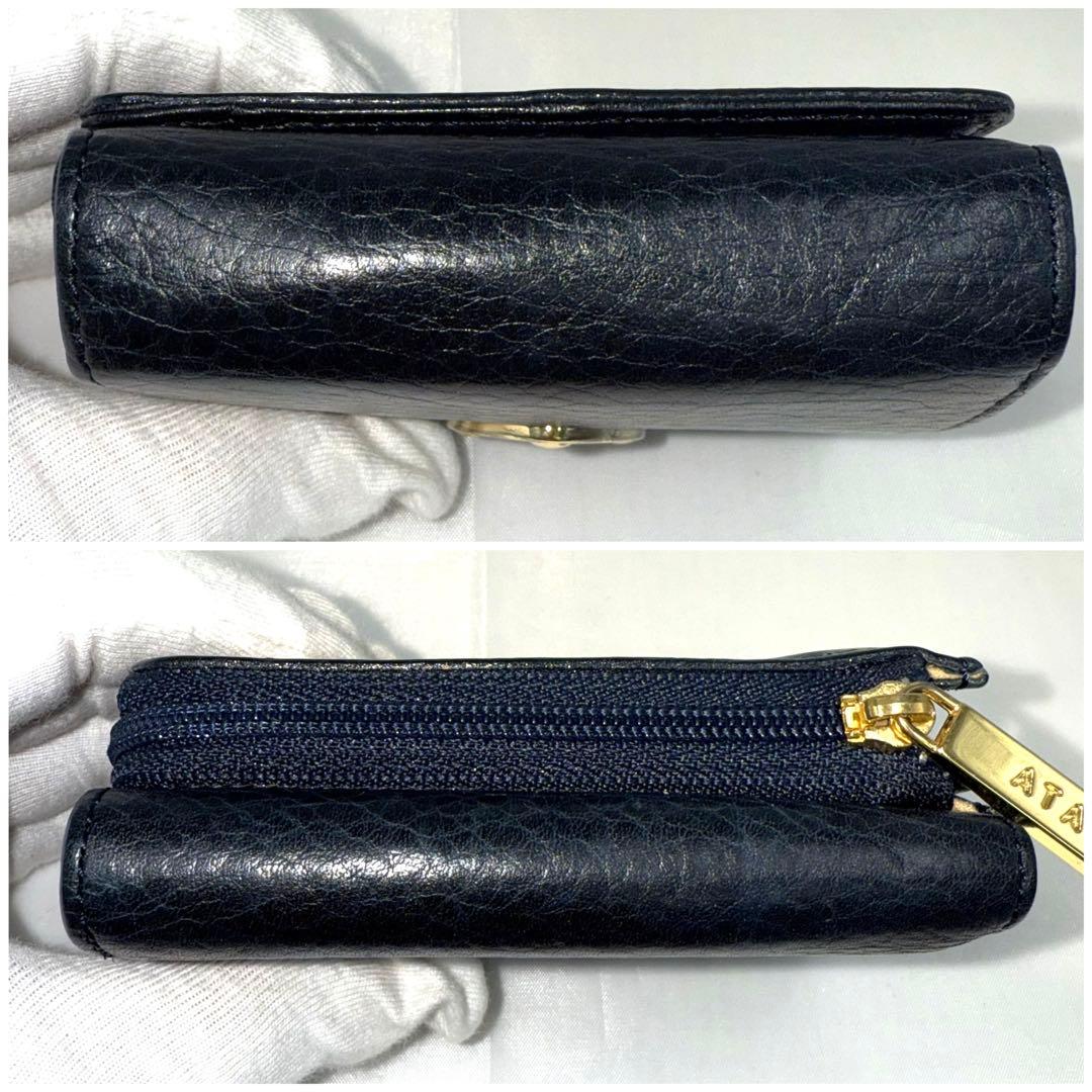 ✨美品✨ATAO アタオ 三つ折り財布 ネイビー レザー 金具ロゴ スモール