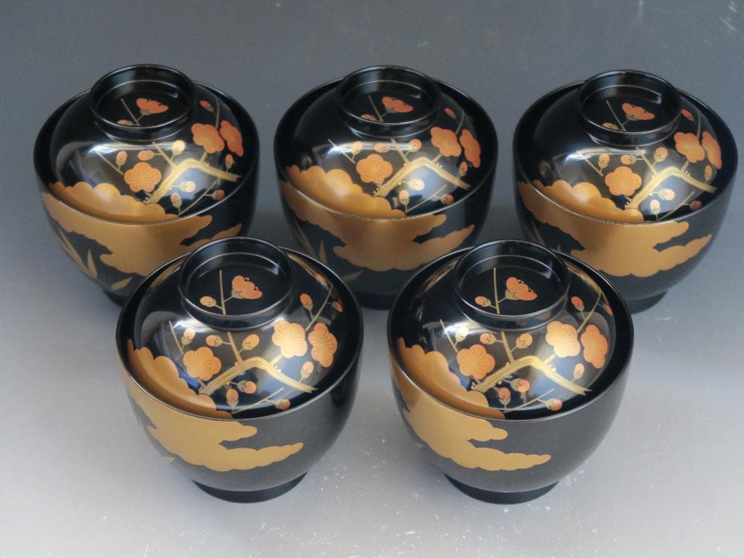 【輪島塗】雲松竹梅蒔絵 吸物椀 黒塗 五客揃 布着請負 天然木 共箱 美術漆器