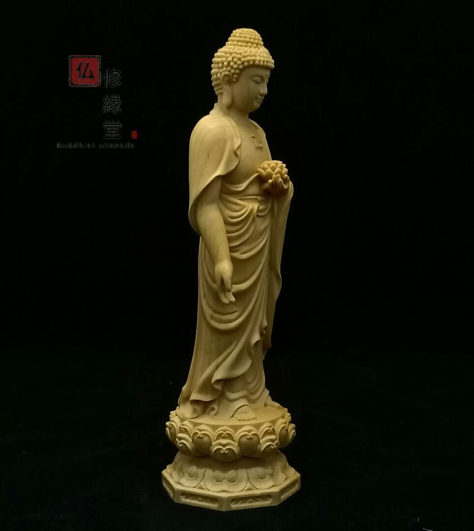 【修縁堂】木彫り 仏像 阿弥陀如来立像 阿弥陀仏 彫刻 仏教工芸品 柘植材