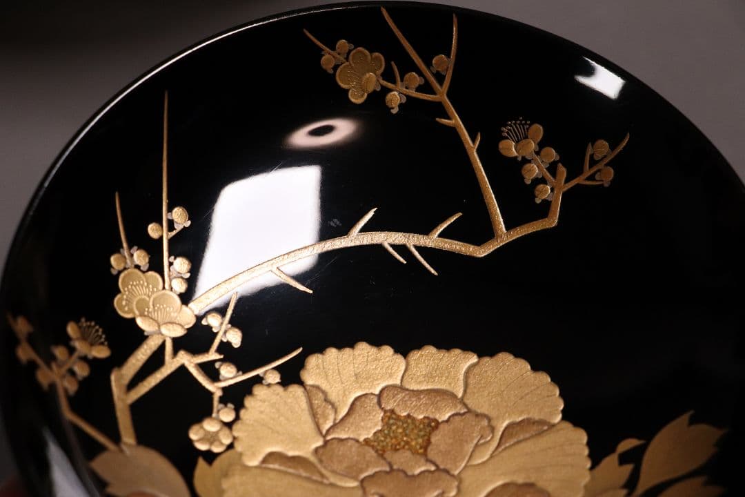 時代木製漆器 加賀蒔絵 牡丹 梅 草花 高蒔絵 黒塗椀 二客 漆芸 CL55