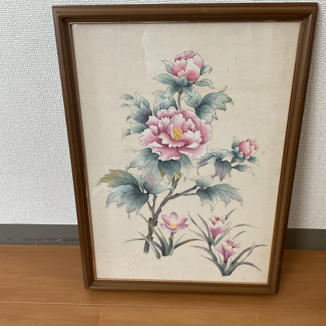 プリント画 【 布 本 】 牡丹図に百合科花 木枠額装 前面ガラス仕様