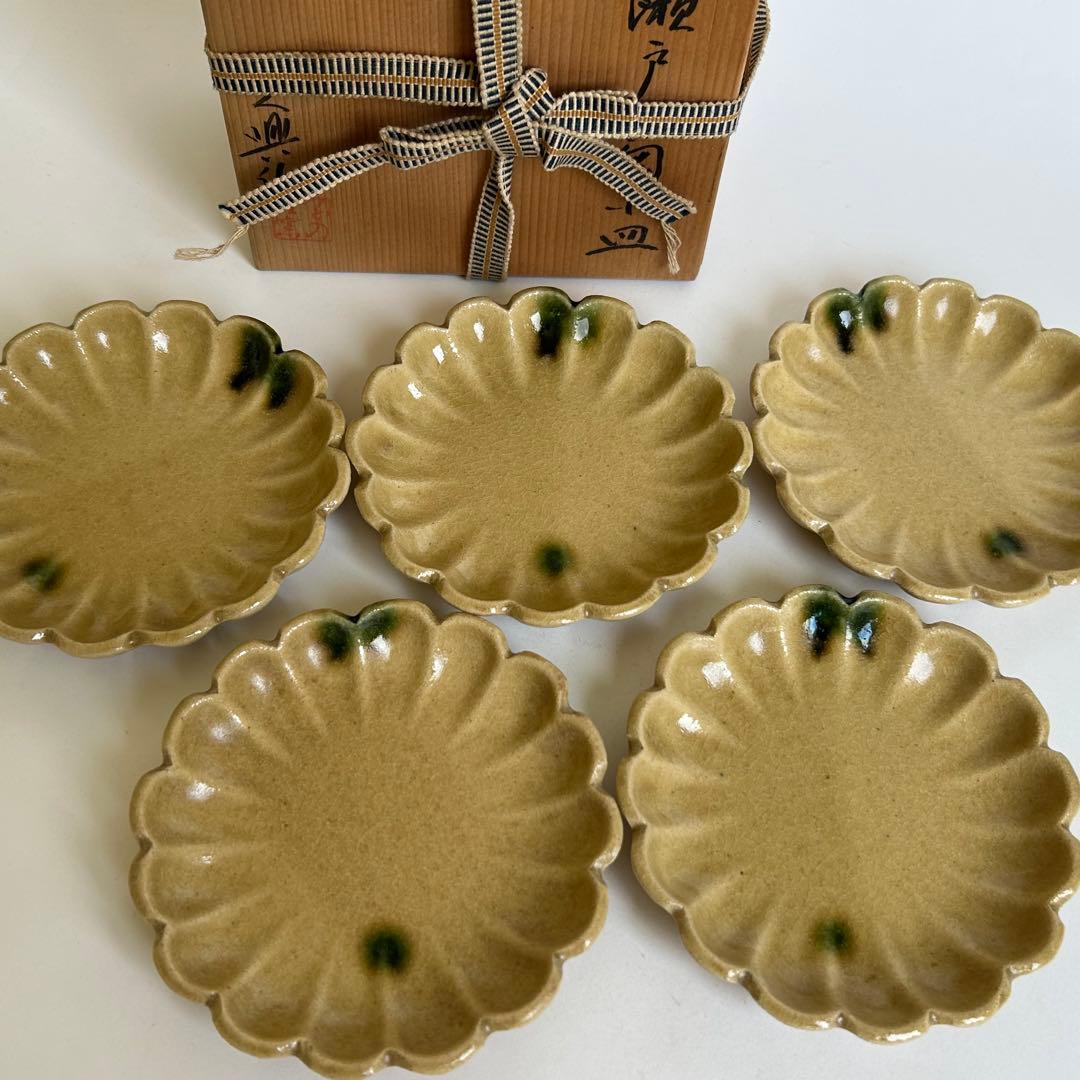 【希少、美品】小皿 皿 菊小皿 5枚 木箱美濃焼の名工　大嶋久興　【子の日窯】