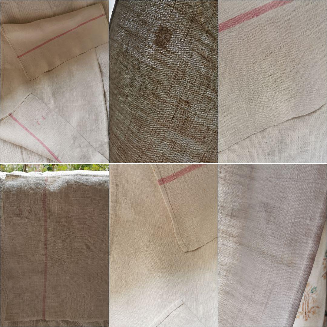 アンティーク フレンチリネンクロス イニシャルBL赤糸刺繍 シャビーピンクライン