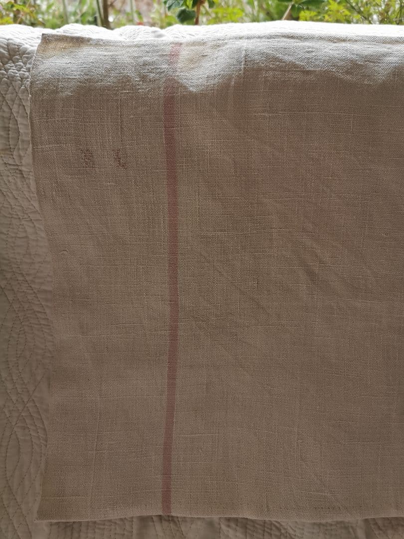 アンティーク フレンチリネンクロス イニシャルBL赤糸刺繍 シャビーピンクライン