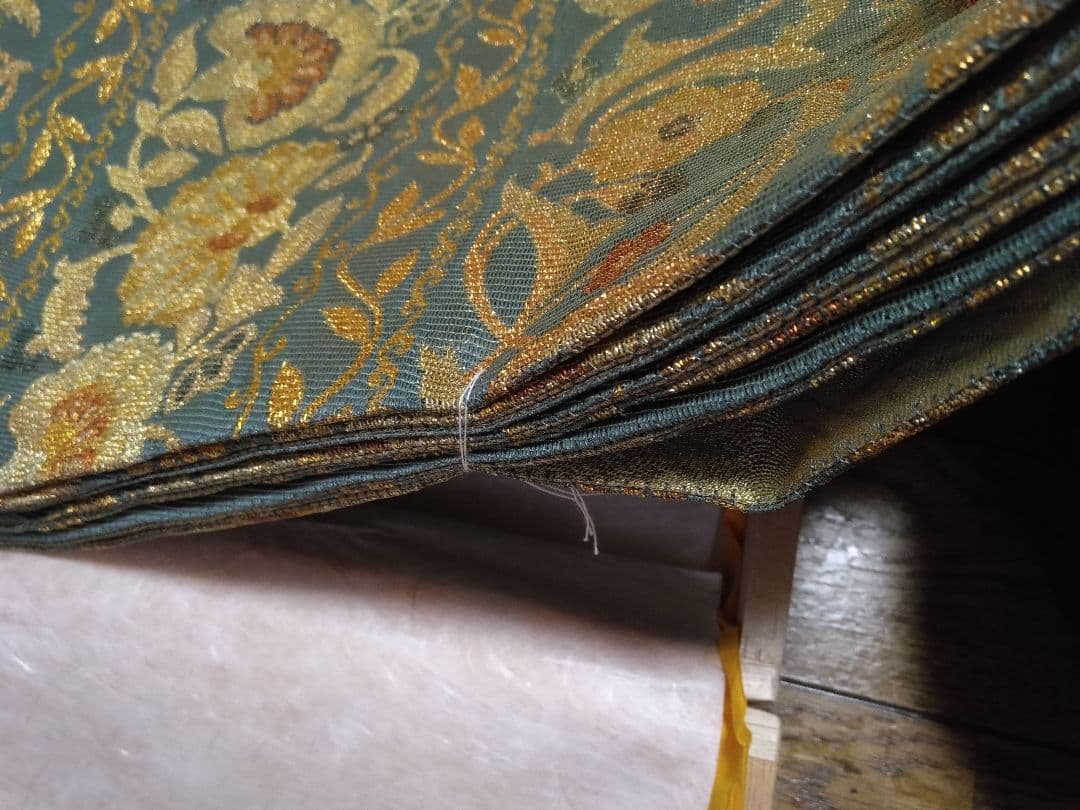 青色金色花柄 帯 専用箱付き