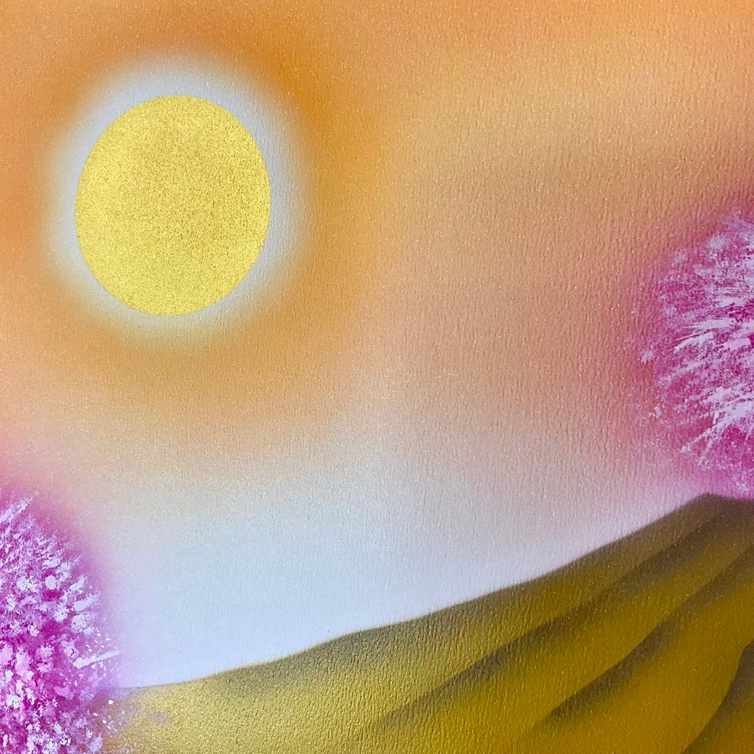 富士山開運絵画新春セール☆満開桜金富士A3サイズ額縁付運気上昇アクリル画原画