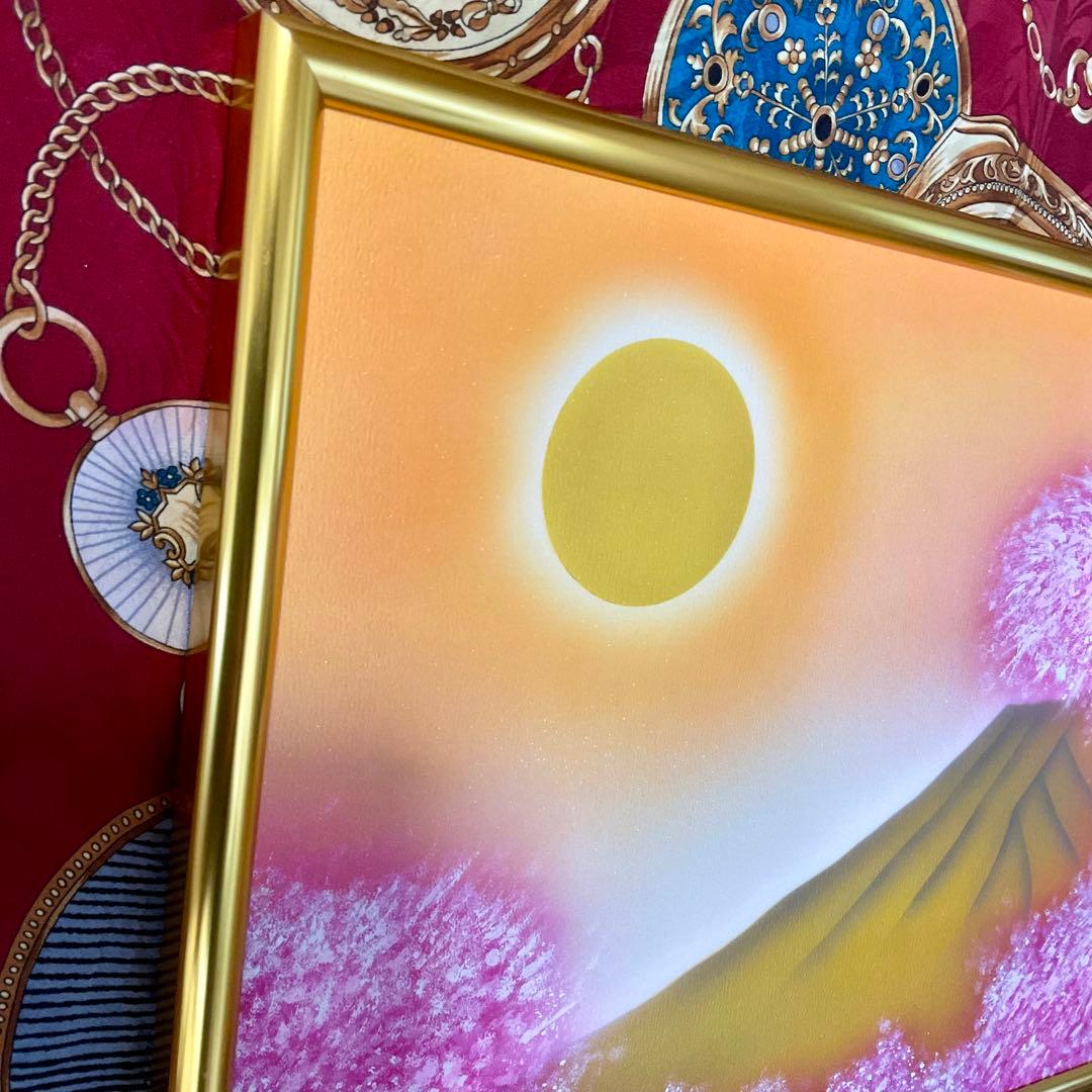 富士山開運絵画新春セール☆満開桜金富士A3サイズ額縁付運気上昇アクリル画原画