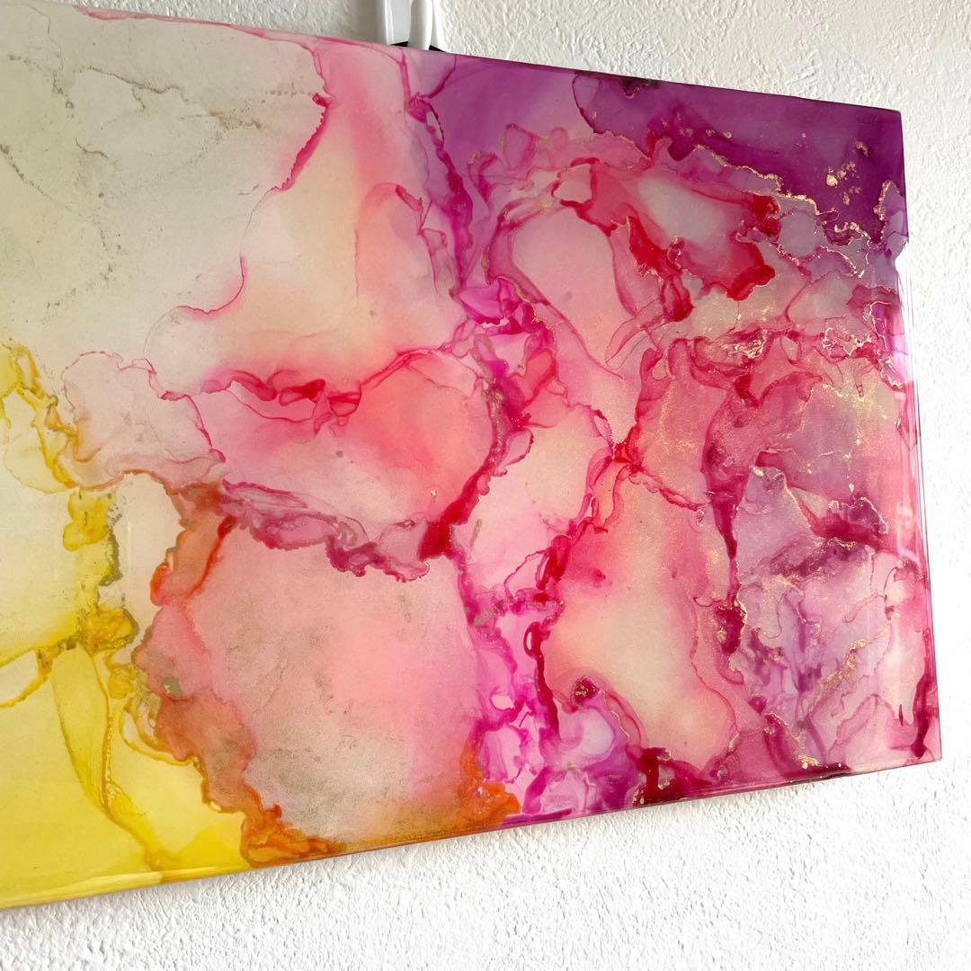 アルコールインクアート　ピンク　紫　黄色　レジン　パネル　木製　29.6×21